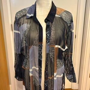 Lynn Ritchie Silver Mesh Sheer Duster Cardigan XL Geometric